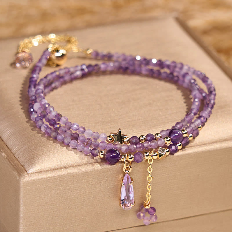 Natural Amethyst Water Drop Star Meditation Triple Wrap Bracelet