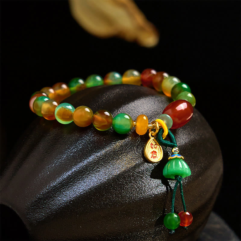 Natural Colorful Peacock Agate Chalcedony Ruyi As One Wishes Charm Courage Bracelet