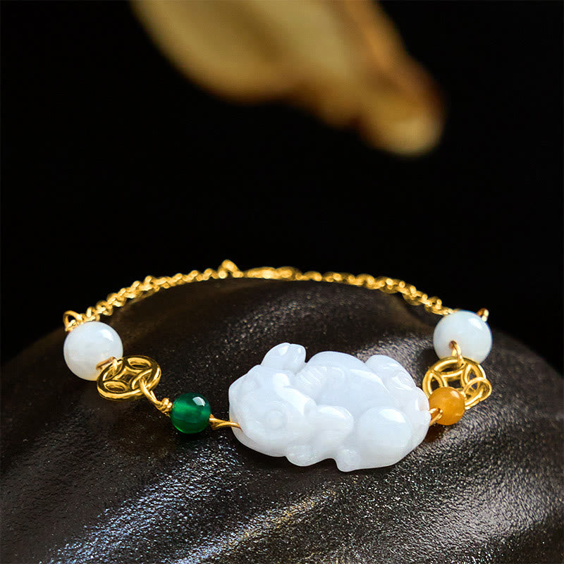 Natural Jade PiXiu Carved Copper Coin Luck Chain Bracelet