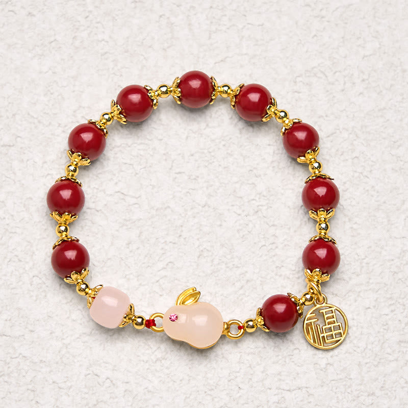 Cinnabar Cute Rabbit Bunny Fu Character Charm Blessing Bracelet - Image 6