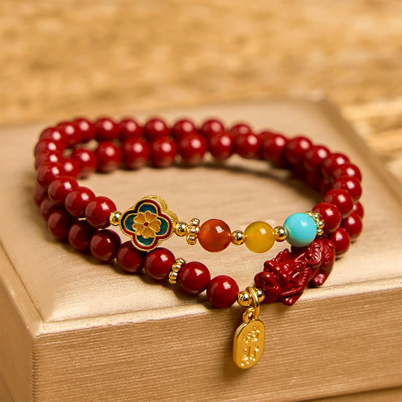 Cinnabar PiXiu Fu Character Blessing Double Wrap Bracelet
