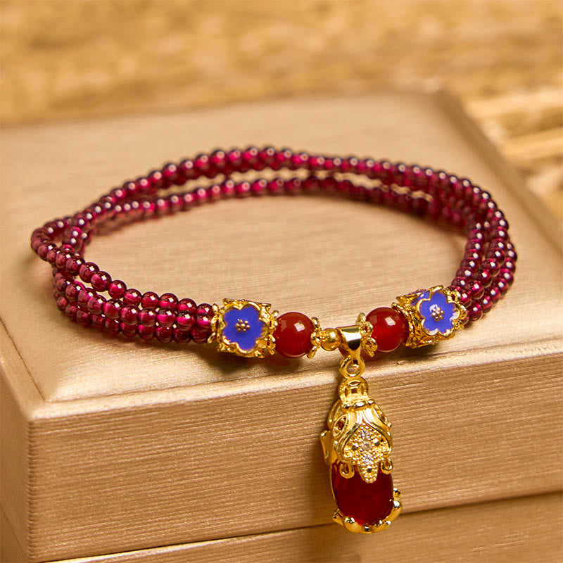 Natural 3mm Garnet Beads PiXiu Flower Purification Multilayer Bracelet
