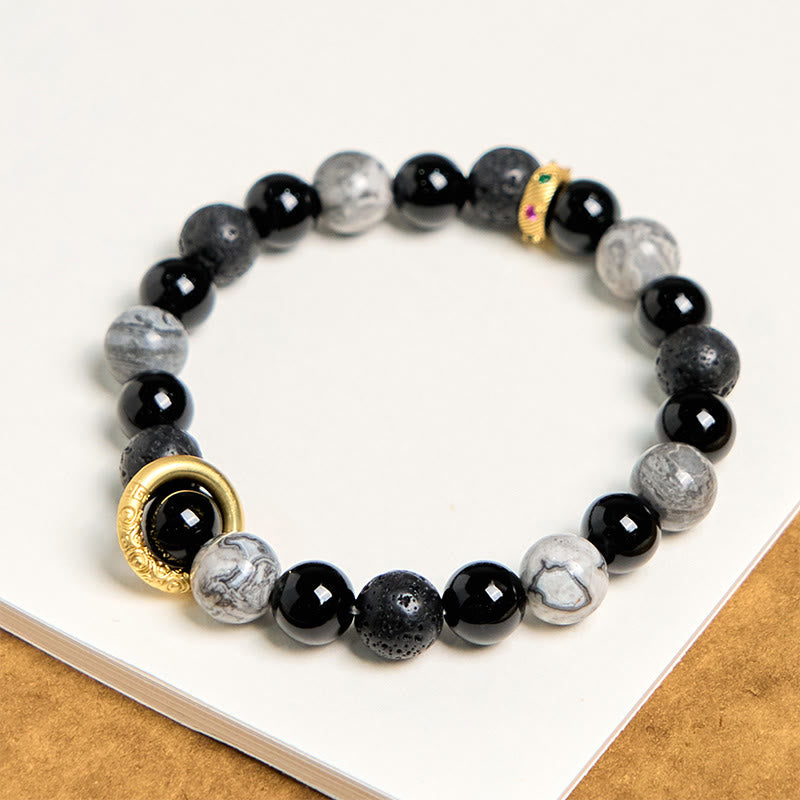 Lava Rock Black Onyx Picasso Jasper Healing Bracelet