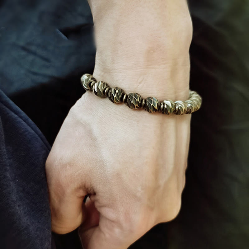 Vintage Distressed Knife Carving Pattern Copper Brass Beads Wealth Bracelet - Image 12