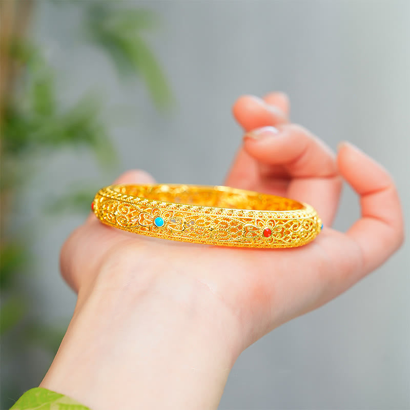 Copper Plated Gold Flowers Vine Pattern Luck Bracelet Bangle 2.44 IN (62 MM) - Image 3