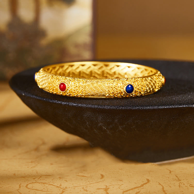 925 Sterling Silver Golden Auspicious Clouds Hollow Design Protection Bracelet Bangle 2.20 IN (56 MM)