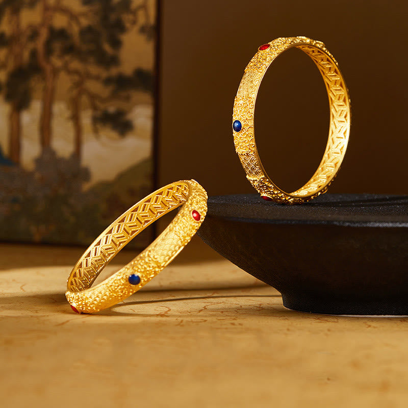 925 Sterling Silver Golden Auspicious Clouds Hollow Design Protection Bracelet Bangle 2.20 IN (56 MM) - Image 8