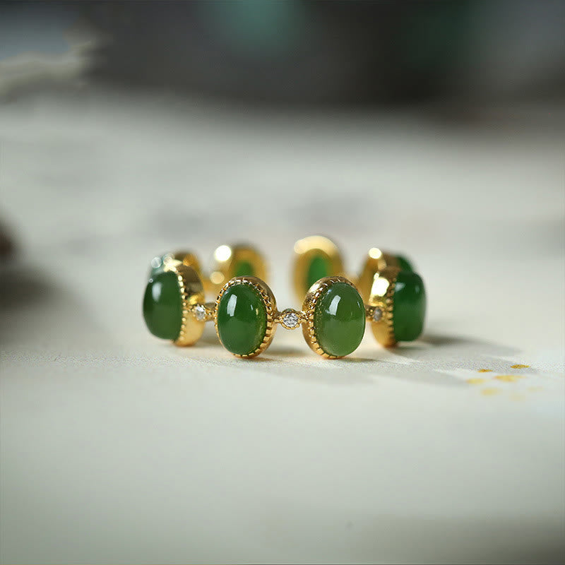 925 Sterling Silver Hetian Cyan Jade Beads Healing Adjustable Ring