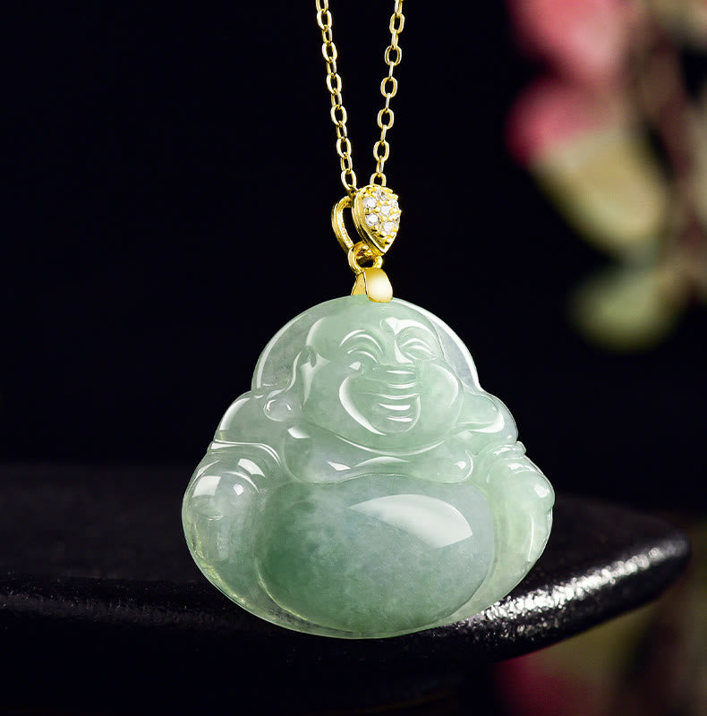 925 Sterling Silver Natural Jade Laughing Buddha Luck Prosperity Chain Necklace Pendant - Image 2