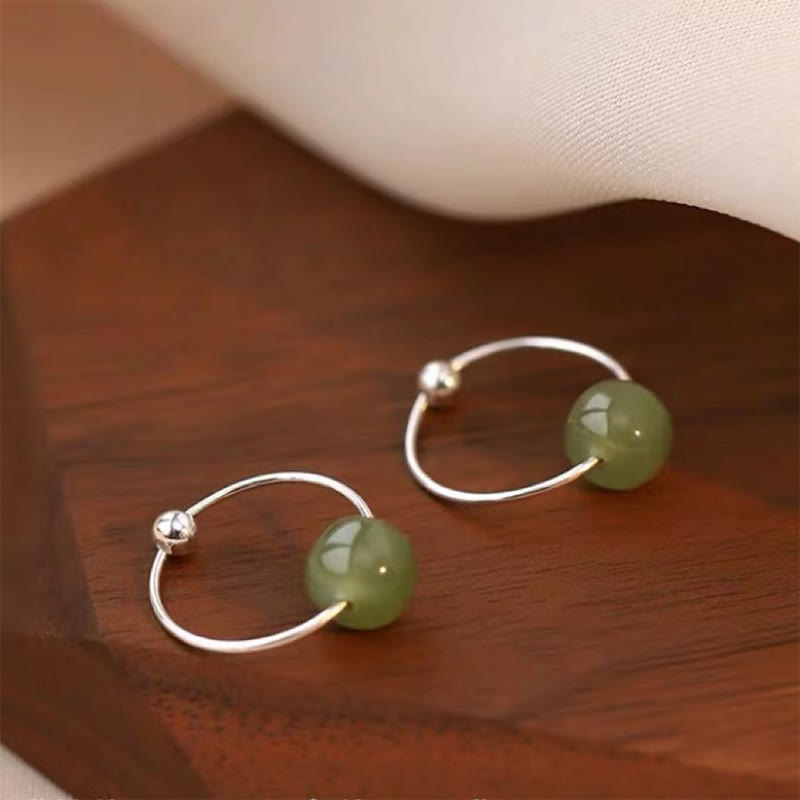 925 Sterling Silver Hetian Jade Bead Luck Earrings