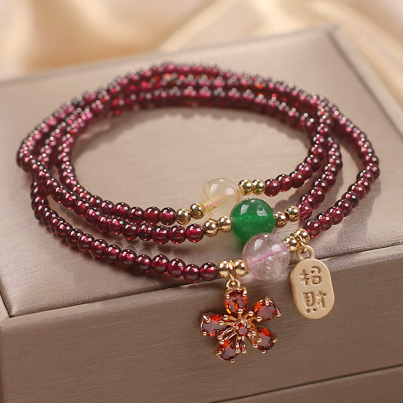 Natural 3mm Ultra-thin Garnet Beads Cherry Blossom Flower Attract Fortune Protection Multilayer Bracelet