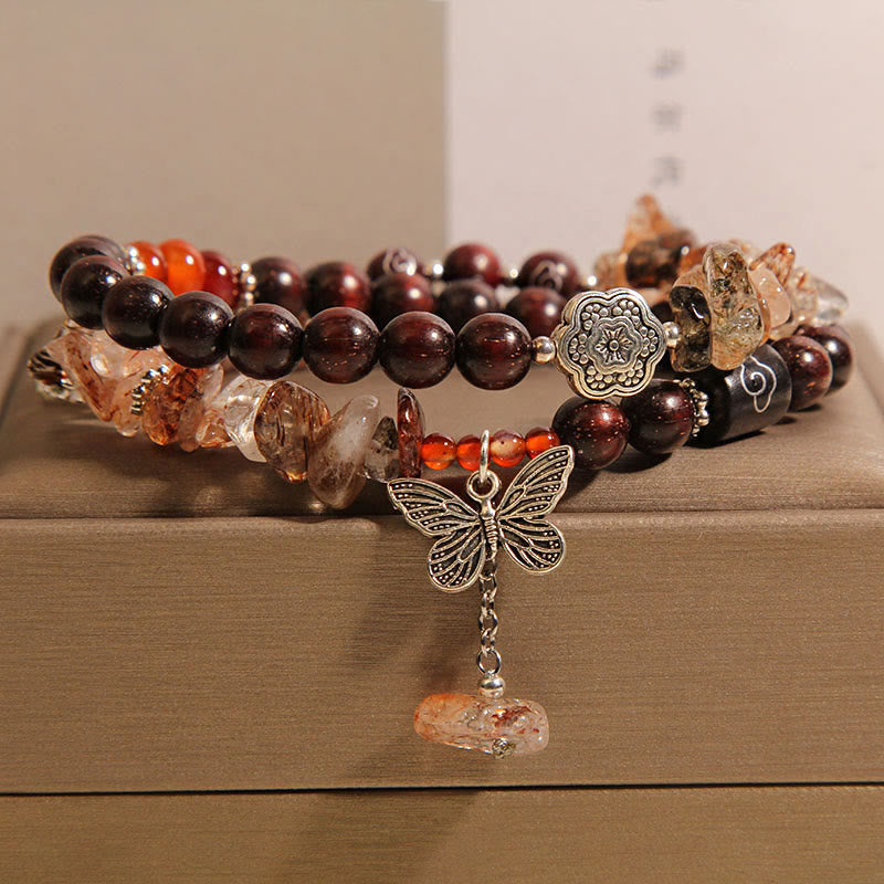 Natural Rutilated Quartz Small Leaf Red Sandalwood Wealth Butterfly Charm Bracelet