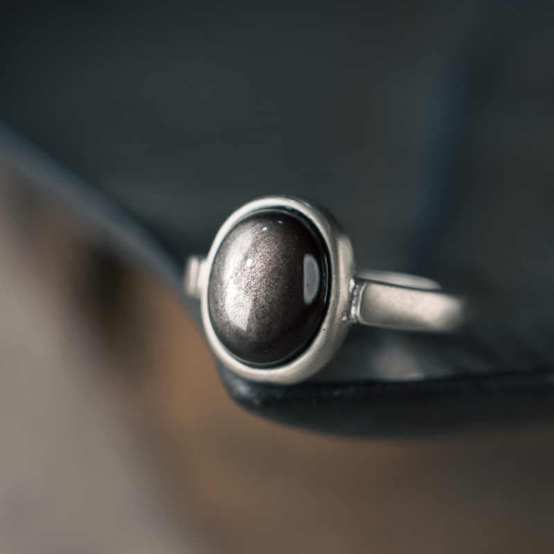 Natural 925 Sterling Silver Silver Sheen Obsidian Adjustable Protection Ring
