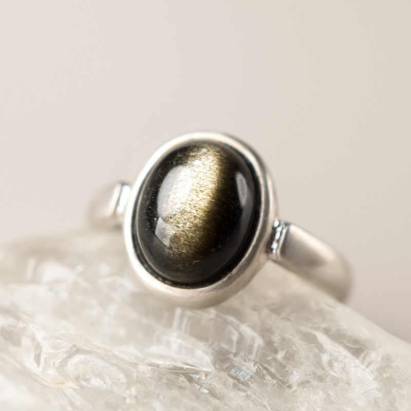 Natural 925 Sterling Silver Gold Sheen Obsidian Adjustable Wealth Ring