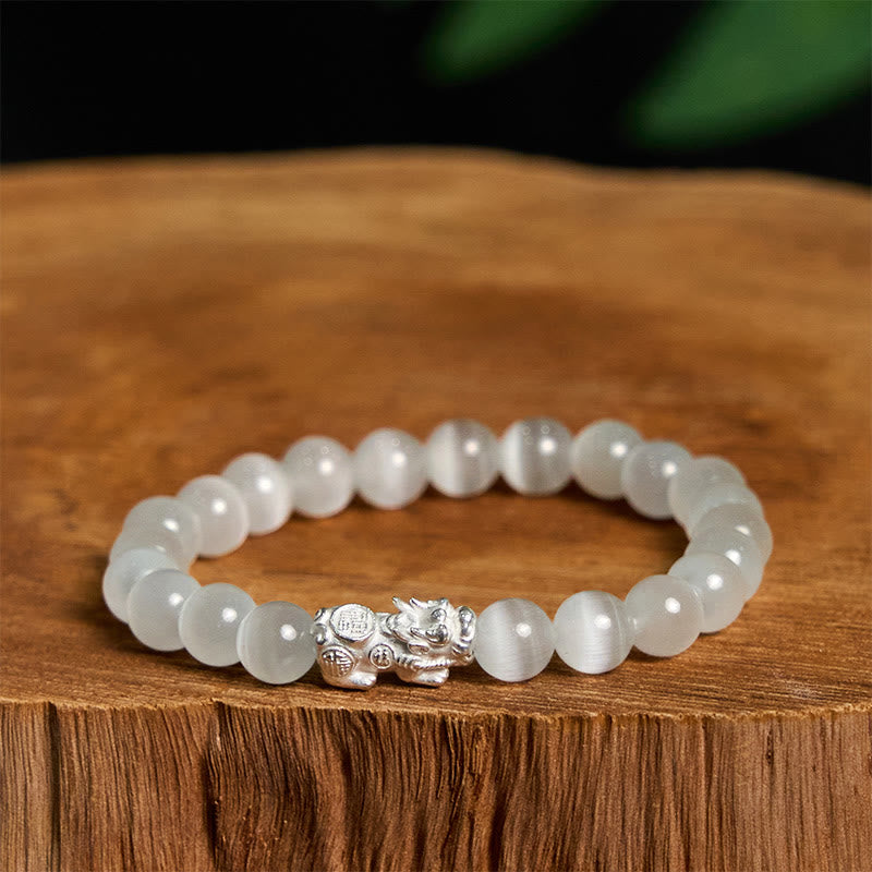 Natural Cat's Eye Beads 990 Sterling Silver Pixiu Positive Bracelet