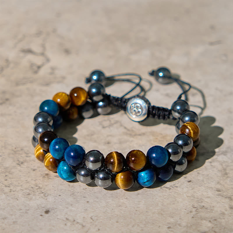 Natural Blue Tiger Eye Black Magnetite Om Pattern Double Row Beads Strength Bracelet