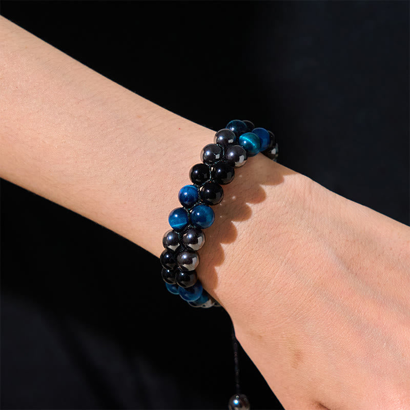 Natural Blue Tiger Eye Black Magnetite Black Obsidian Double Row Beads Protection Bracelet - Image 5