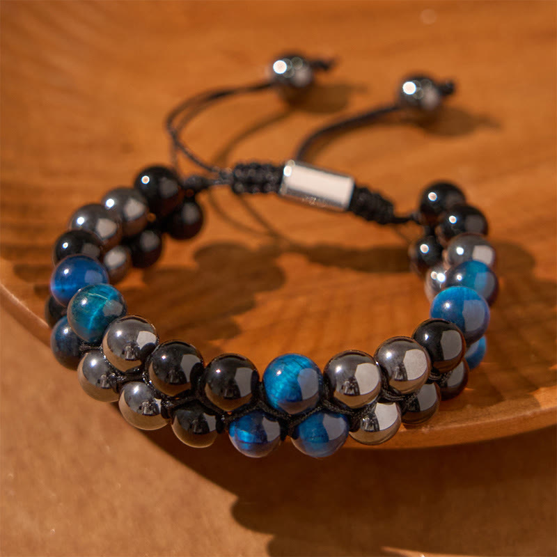 Natural Blue Tiger Eye Black Magnetite Black Obsidian Double Row Beads Protection Bracelet - Image 3