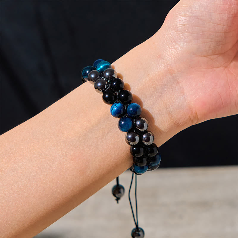 Natural Blue Tiger Eye Black Magnetite Black Obsidian Double Row Beads Protection Bracelet - Image 4