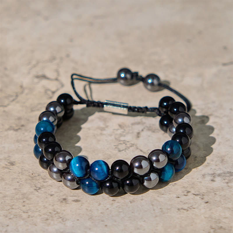 Natural Blue Tiger Eye Black Magnetite Black Obsidian Double Row Beads Protection Bracelet