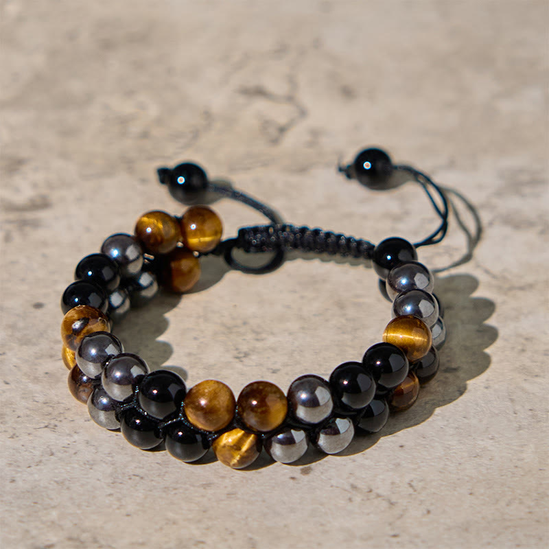 Natural Tiger Eye Black Magnetite Black Onyx Double Row Beads Protection Bracelet