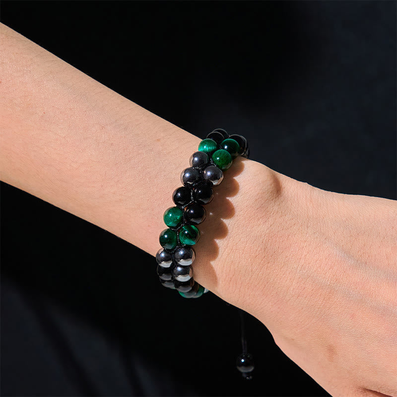 Natural Green Tiger Eye Black Magnetite Black Obsidian Double Row Beads Positive Bracelet - Image 4