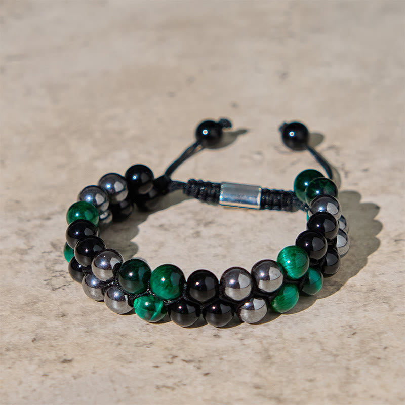 Natural Green Tiger Eye Black Magnetite Black Obsidian Double Row Beads Positive Bracelet