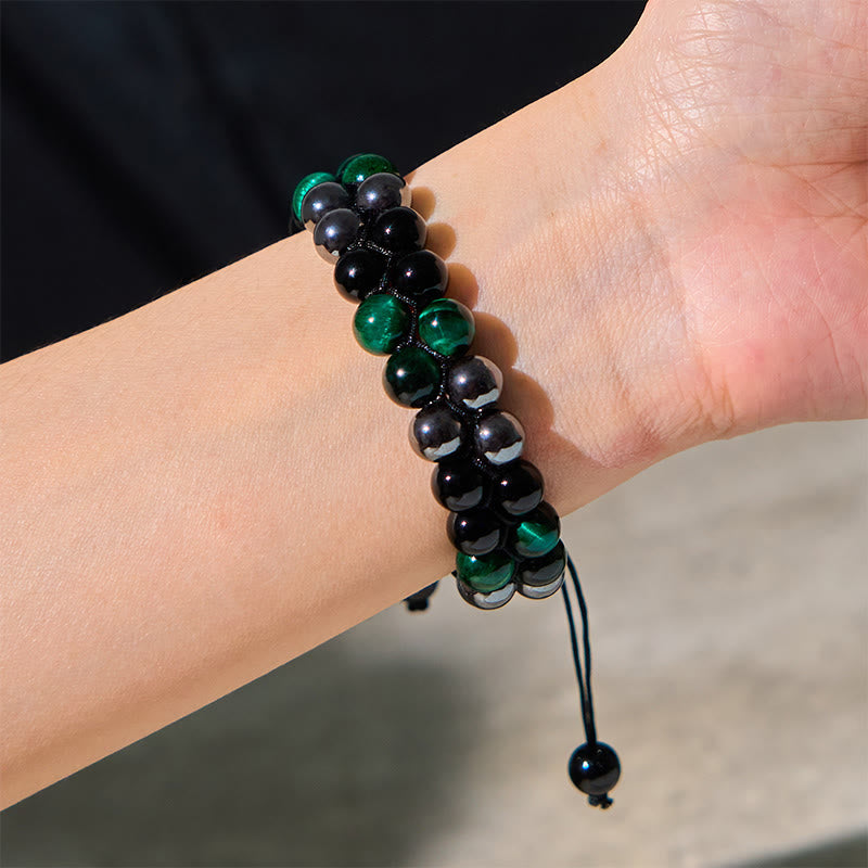 Natural Green Tiger Eye Black Magnetite Black Obsidian Double Row Beads Positive Bracelet - Image 5