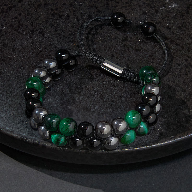 Natural Green Tiger Eye Black Magnetite Black Obsidian Double Row Beads Positive Bracelet - Image 3