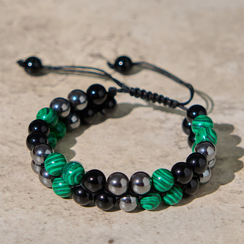Natural Malachite Black Magnetite Black Obsidian Double Row Beads Anti-Anxiety Bracelet