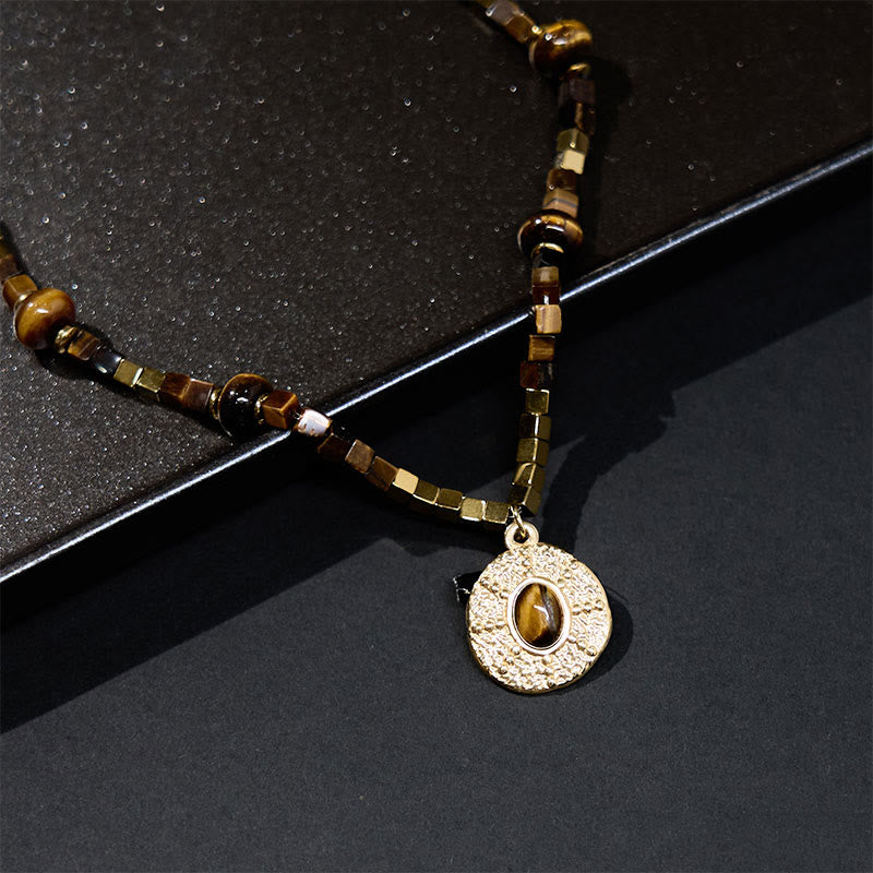 Natural Tiger Eye Square Protection Titanium Steel Necklace Pendant