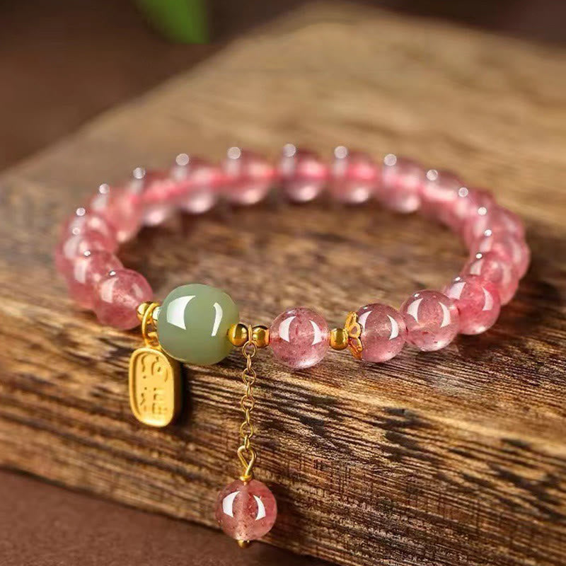 Natural Strawberry Quartz Fu Character Jade Positive Healing Bracelet