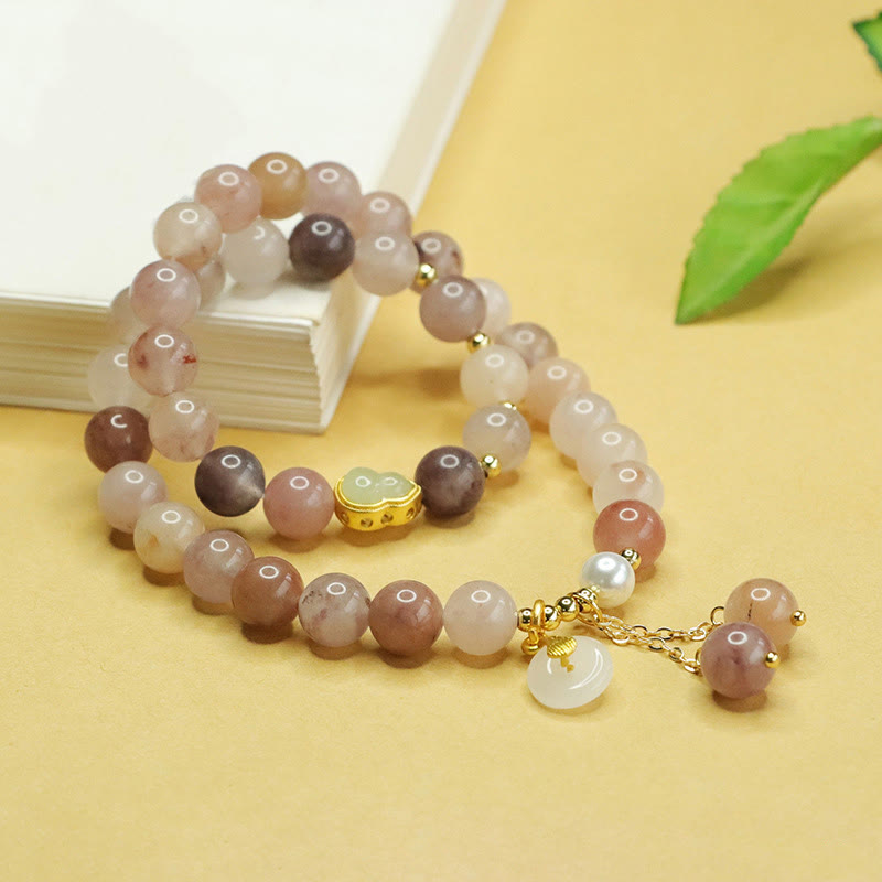 Natural Golden Silk Jade Double Layer Gourd Peace Buckle Luck Bracelet - Image 3