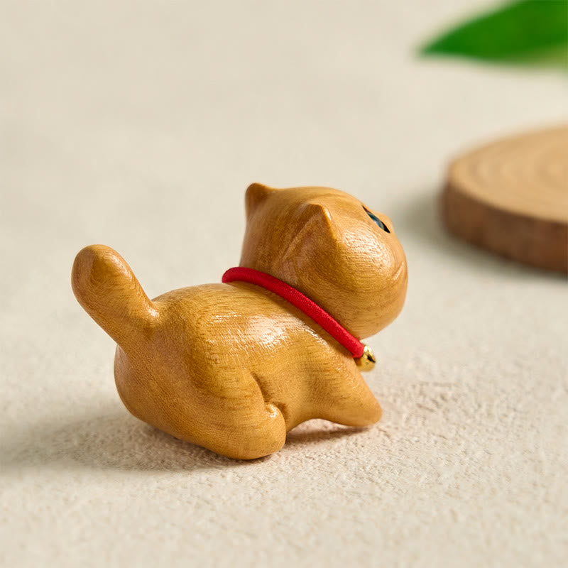 Mini Sandalwood Carved Lucky Confident Cat Healing Decoration - Image 6