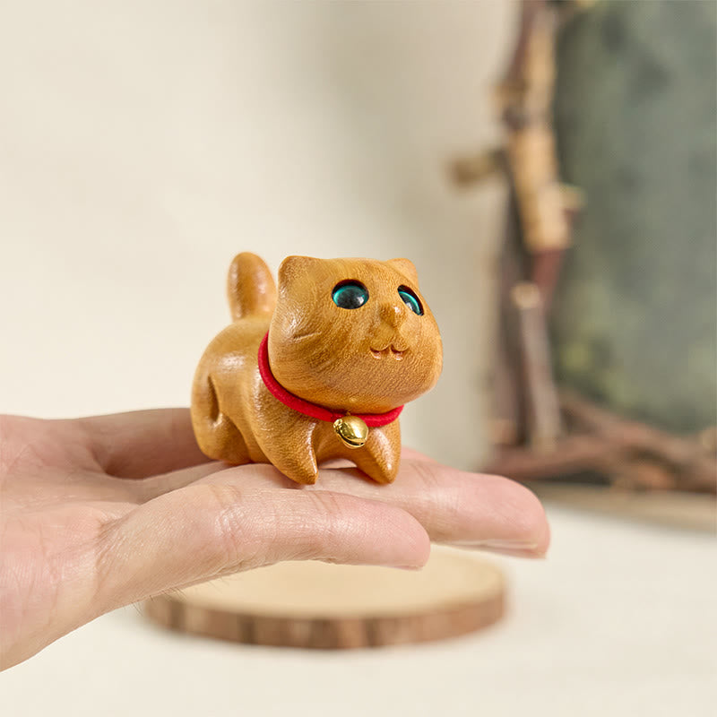 Mini Sandalwood Carved Lucky Confident Cat Healing Decoration - Image 5
