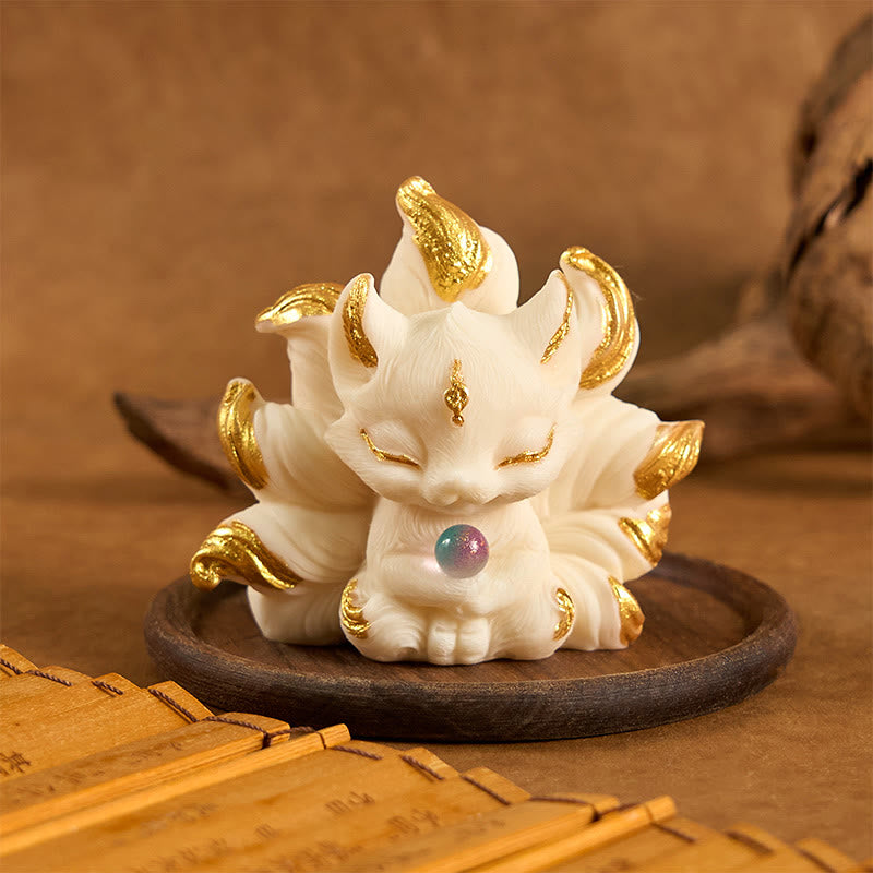 Small Nine Tailed Fox Carved Ivory Fruit Support Home Decoration