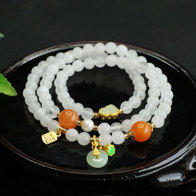Natural White Jade Multi-layer Gourd Peace Buckle Fu Character Luck Bracelet
