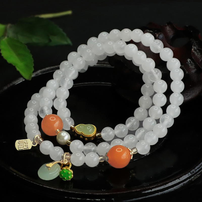 Natural White Jade Multi-layer Gourd Peace Buckle Fu Character Luck Bracelet - Image 4