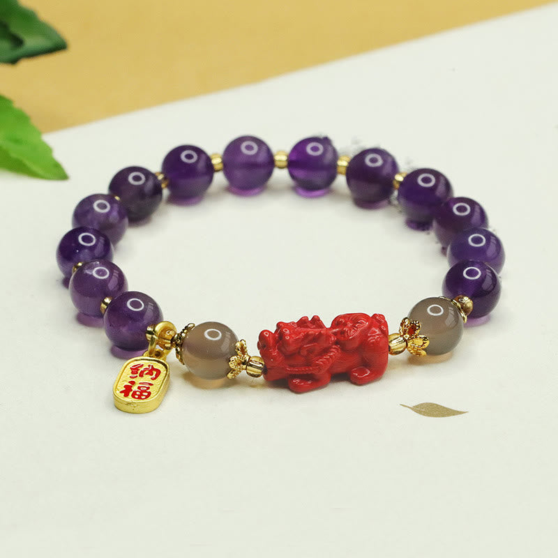 Natural Amethyst Cinnabar Pi Xiu Fu Character Balance Bracelet