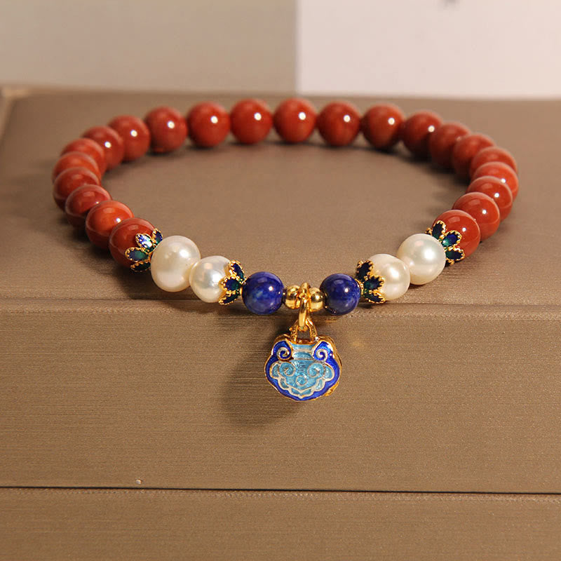 Natural South Red Agate Pearl Peace Lock Charm Positive Bracelet