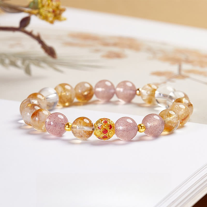 999 Sterling Silver Citrine Strawberry Quartz White Crystal Protection Bracelet