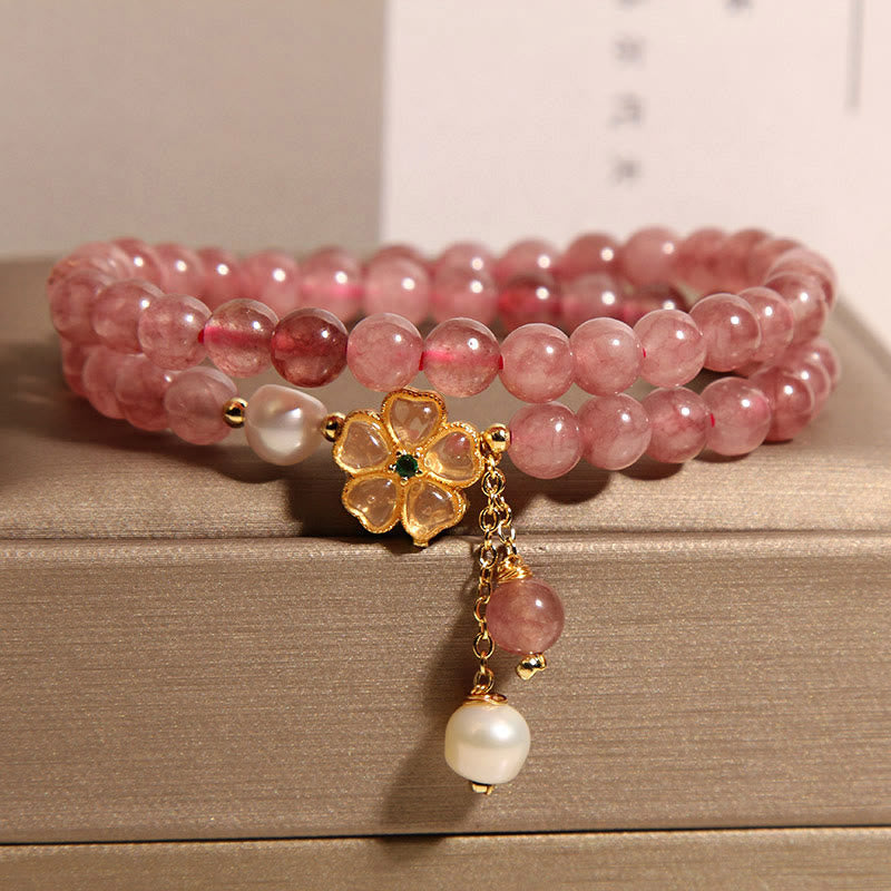 Strawberry Quartz Four Leaf Clover Double Wrap Design Positive Bracelet