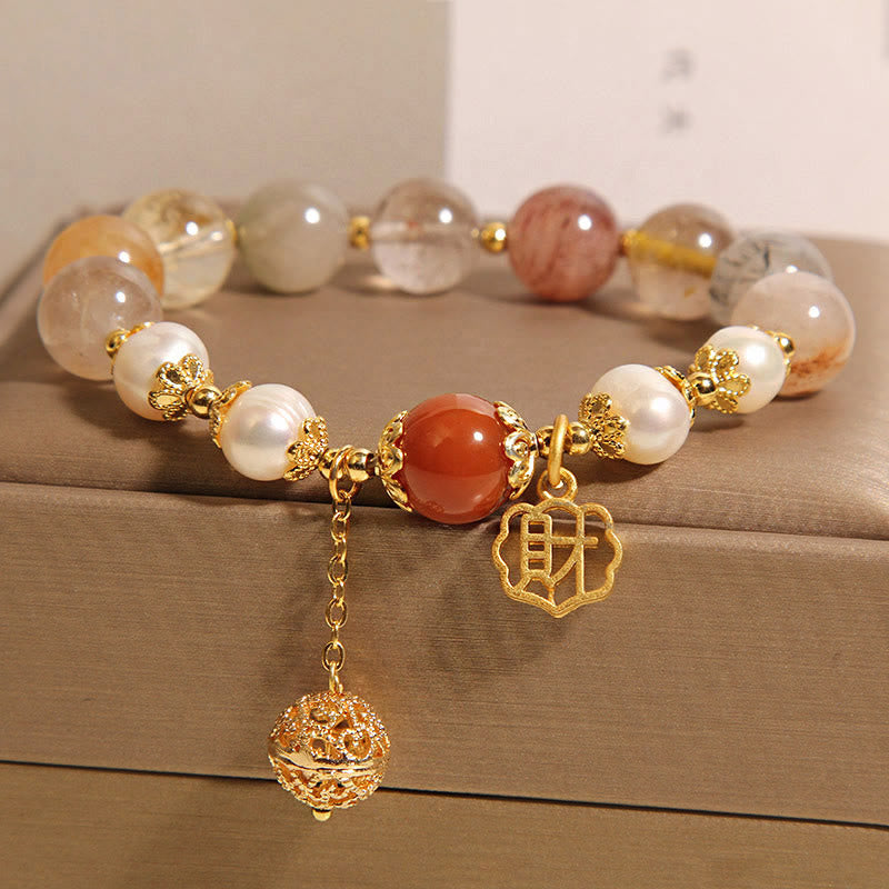 Natural Rutilated Quartz Pearl Attract Fortune Wealth Bracelet