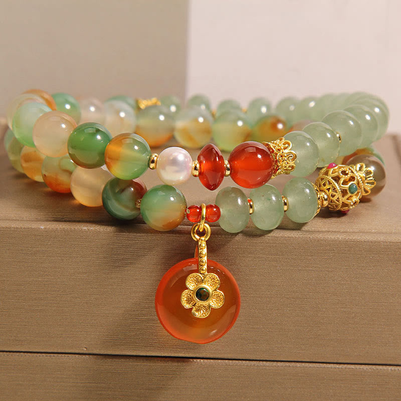 Natural Colorful Peacock Agate Flower Peace Buckle Pearl Double Layer Support Bracelet
