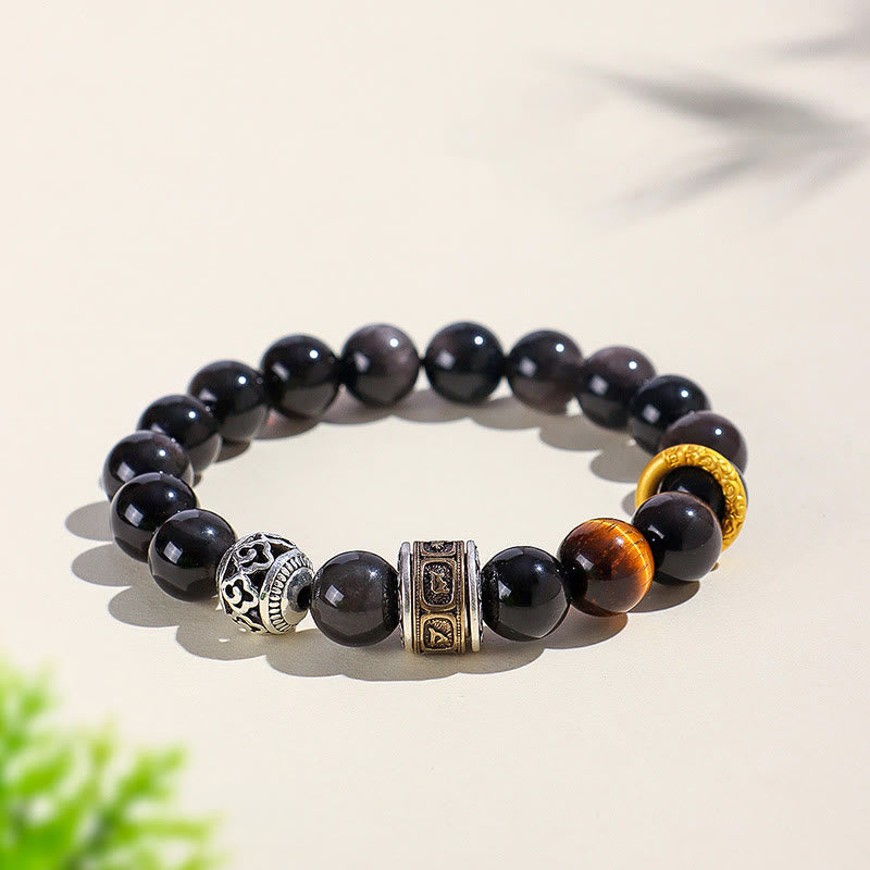 Silver Sheen Obsidian Tiger Eye Om Mani Padme Hum Protection Bracelet