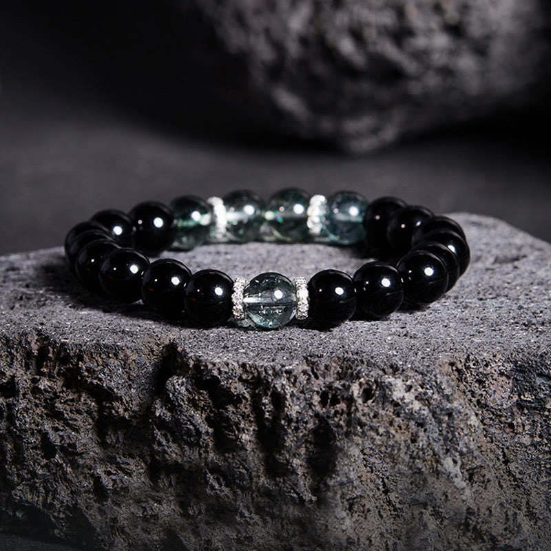 925 Sterling Silver Black Obsidian Green Phantom Strength Bracelet
