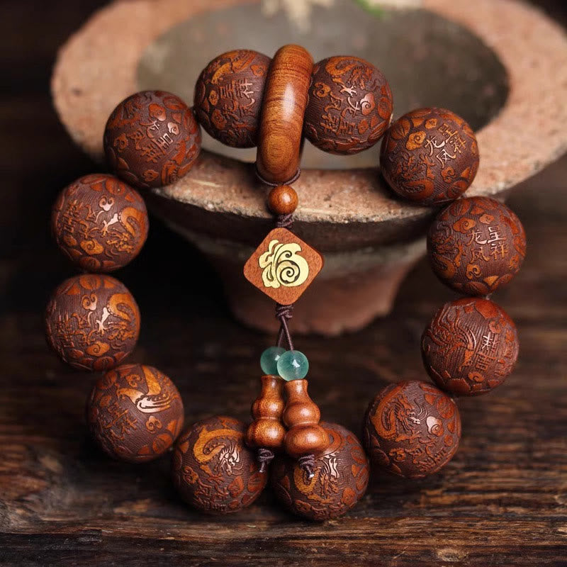 Natural Carving Dragon And Phoenix Fu Character Gourd Rosewood Beads  Warmth Bracelet