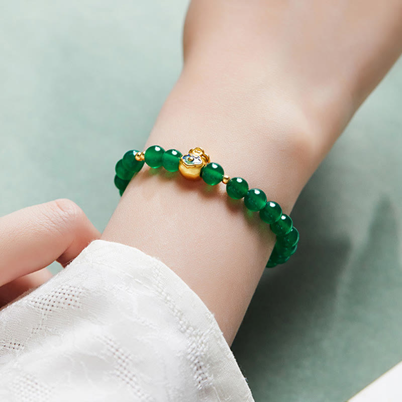 999 Sterling Silver Lucky Bag Green Chalcedony Calm Bracelet - Image 9