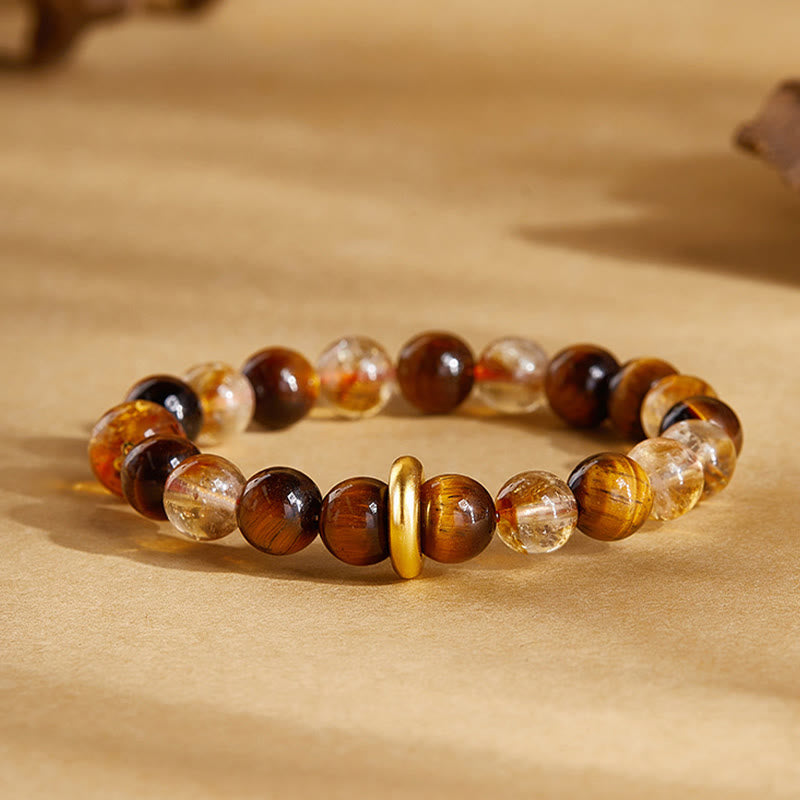 999 Sterling Silver Natural Citrine Tiger Eye Peace Buckle Protection Bracelet