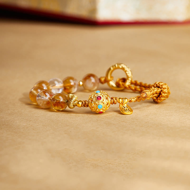 925 Sterling Silver Natural Citrine White Crystal Peace Buckle Meaning Fu Character Protection Braided String Bracelet